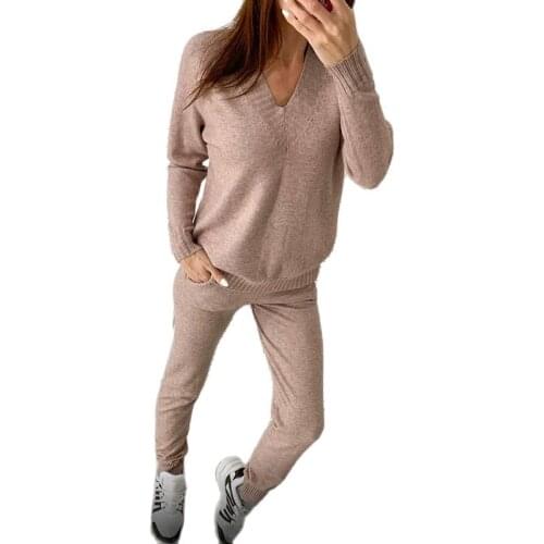 FORERUN Two Piece Set Women Top and Pants Solid V-Neck Pullover Fitness Autumn Winter Matching Outfits Loungewear Dropshipping