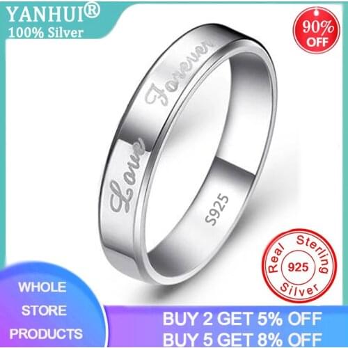 YANHUI 925 Sterling Silver Round Circle Pure Finger Ring Forever Love Engrave Rings for Women Men Wedding Engagement Jewelry