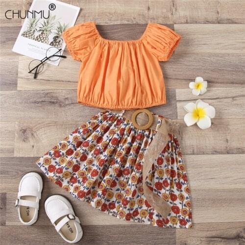 Summer Toddler Baby Girls Set Kids Clothes Solid Color One-shoulder Top + Belted Flower Skirt 2pcs Casual Outfit Girls Sets