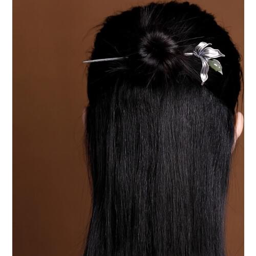 MIQIAO Traditional Chinese Accessories For Women Jewelry Green Jade Orchid 925 Silver Hair Stick Fashion 925 Silver Flower Hanfu