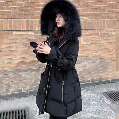 Trendy Winter Women Large Artificial Fur Collar Hooded Thick Warm Long Down Coat 90% White Duck Down Parka Loose Snow Outwear