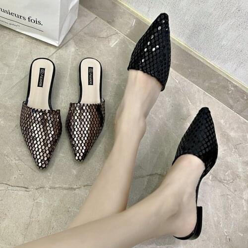 Sequin Fabric Mules Women Slides Outdoor Sandals and Shoes for Ladies Zapatillas Mujer Casa Pointed Toe Beach Sapato Feminino 39