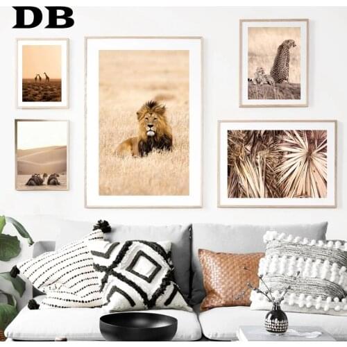 Giraffe Sunset Camels Lion Cheetah Dried Palm Leaves Nordic Poster Wall Art Print Canvas Painting Decor Pictures For Living Room