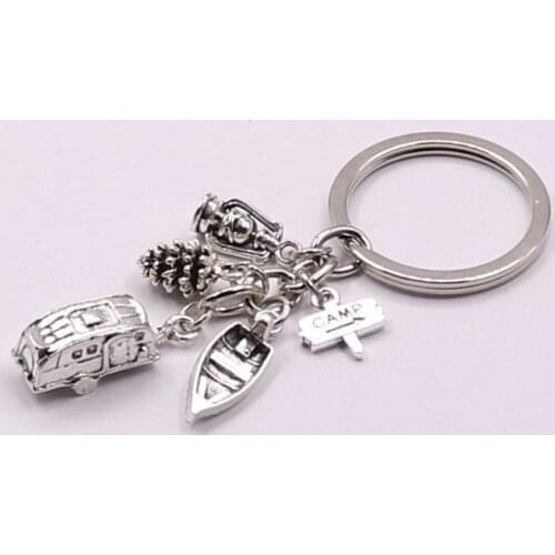 New Camping Keychain Trailer,RV Caravan Campground Fishing Key Chain,Nature Outdoors,Summer Vacation,Snowbirds Keyring Souvenir
