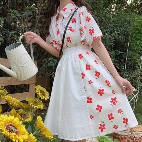 New Summer Kawaii Girl 2 Piece Set Sweet Cute Flower Shirt Stitching Sling Skirt Suit Soft Girl Lolita Sets Japanese Clothing