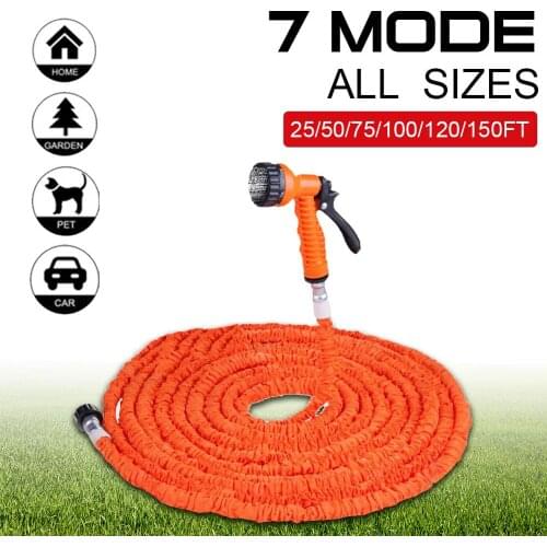 Orange High Pressure Water Gun Expandable Flexible Garden Hose Car Washing Gardening Hose with 7 Function Nozzle 25ft-150ft