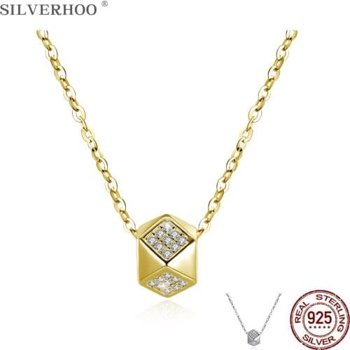 SILVERHOO Sterling Silver 925 Jewelry Geometry Pendant Necklaces For Women Trendy 5A+ Zircon CZ Gold Necklace Wedding Gift Best