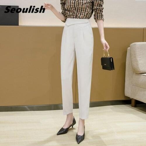 Seoulish 2021 New Spring Summer Formal Womens Harem Pant High Waist Button Ankle Length Female Workwear Elegant Trouses Pockets
