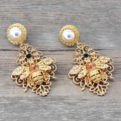 European And American New Style Retro Insect Bee Pearl Long Gem Exaggerated Earrings Elegant Sweet Ear Jewelry Female