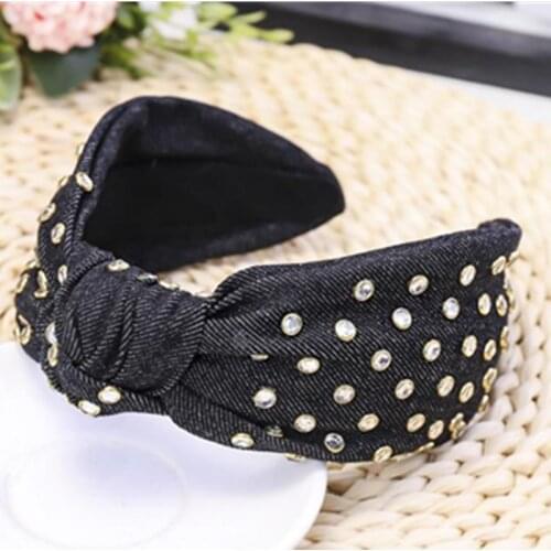 Crystals Hairband Wide for Women Handmade Denim Head Band Adults Girls Top Bow Knotted Headband Ladies Outdoor Hairband