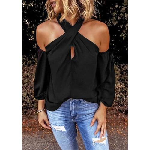 Casual Female Solid Tee Shirts Women Clothe Black Cold Shoulder Tops Long Sleeve Women Halter T-shirt New Summer Autumn Top