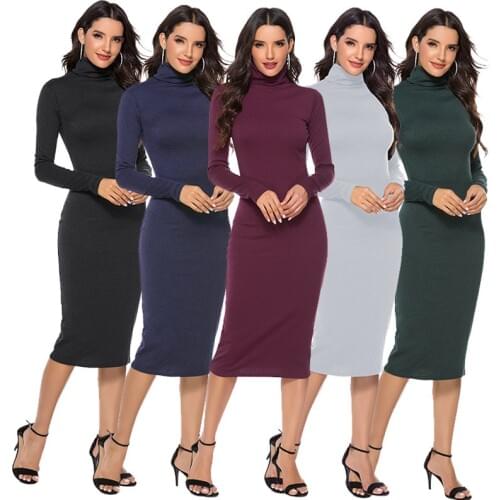 Knitted Turtleneck Midi Bodycon Dress Autumn Winter Women Casual Long Sleeve 5XL Plus Size Dresses Slim Elastic Female Vestidos