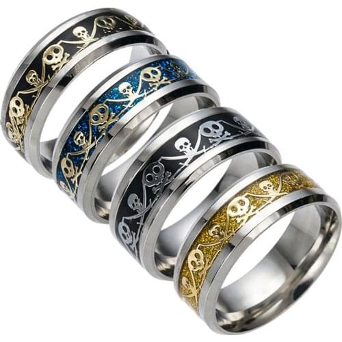 Unique Silver Color 316L Stainless Steel Ring Pirate Captain Inlay Black Blue Background Men Finger Rings Wedding Band Jewelry