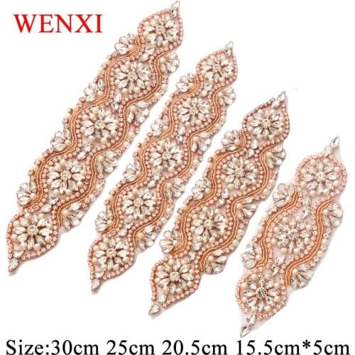 WENXI Craft (1pcs)Hand Rhinestones Appliques Sew On Bridal Sash Rose Gold Crystal Rhinestone Applique Trim Iron On For Wedding