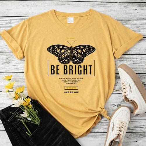 Be Bright Butterfly Vintage Print T-shirt Women Round Neck Short Sleeve Summer Loose Tee Top Harajuku Shirt Camisetas De Mujer
