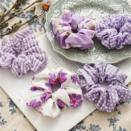 Purple Series Dots Plaid Striped Floral Scrunchie Women Big Flower Print Elastic Hair Rubber Bands Headwear Hair Rope Hair Ring