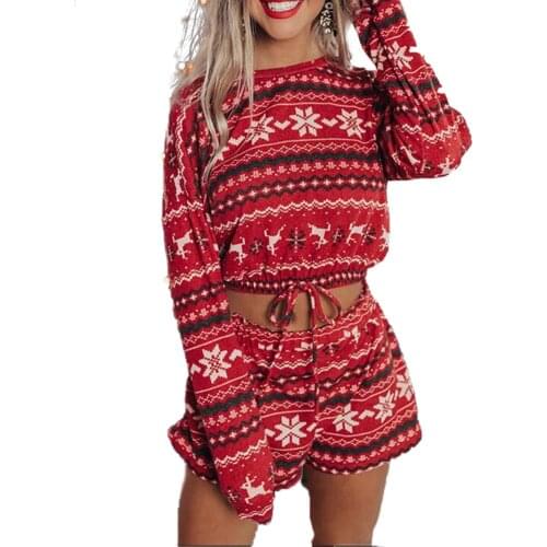 Women Xmas Pajama Sets Winter Autumn Pjs Womens Christmas Sleepwear Home Wear Ladies Long Sleeve Moose Top+Shorts Navidad