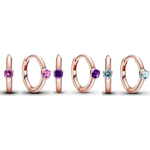 Original 925 Sterling Silver Pink Purple Solitaire Huggie Hoop Earring With Crystal For Women Wedding Party Gift Europe Jewelry