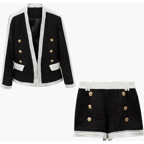 HIGH QUALITY New Stylish Fall Winter 2021 Designer Suit Set Womens Color Block Lion Buttons Tweed Blazer Jacket Shorts Set