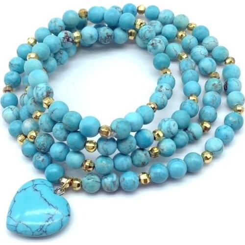 Women Frosted Matt Dull Polish Blue Howlite Stone Beads Bracelet Mala Necklace Heart Charm Yoga Jewelry