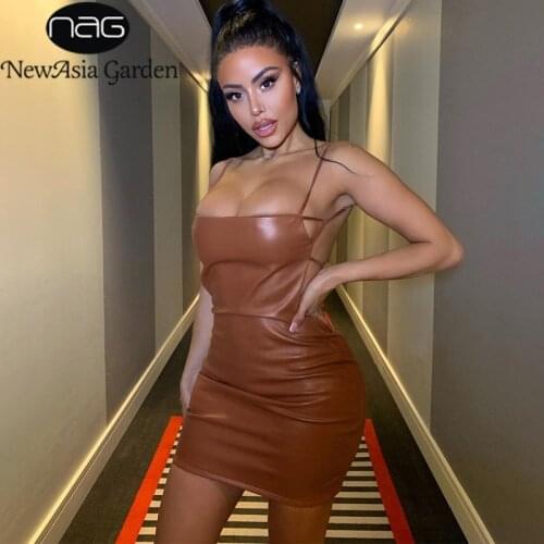 NewAsia Leather Black Dress Spaghetti Strap Square Neck Slim Fit Backless Cut out Robe Short Dresses Women Sexy Party Outfits