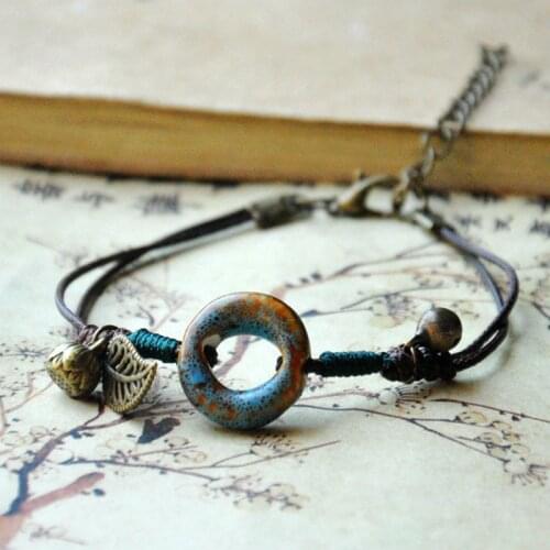 12 Pieces/Lot Charms Bracelet For Women Ceramic Beads Bracelets Flower Bells Pendant Double Rope Bangle Lovers Lucky Jewelry