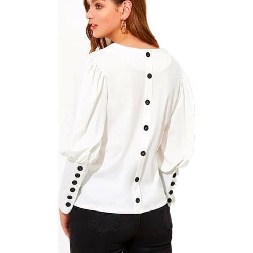 2019 Elegant office lady streetwear blusas women shirts Puff sleeve women blouse shirt Button white v neck tops spring