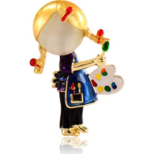 Blucome Cute Little Girl with Color Palette Shape Brooch Blue Enamal Corsage Jewelry for Women Suit Bag Scarf Hat Accessories