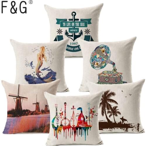 Music Sea Nautical Beach Ships Anchor Pattern Cotton Linen Throw Pillow Cushion Cover Car Home Sofa Decorative Pillowcase