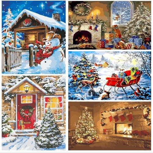 DIY Painting By Numbers Christmas Scenery Hand Painted Modern Oil Painting Winter Snow Paint Canvas Picture Home Decoration