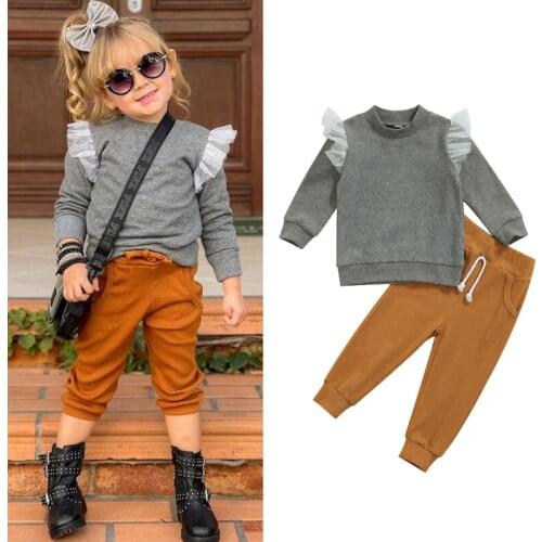FOCUSNORM 1-6Y Lovely Kids Girls 2pcs Clothes Sets Lace Fly Sleeve Solid Pullover Sweatshirt Tops Elastic Pants
