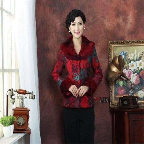 Red Chinese Tradition Womens Man-Made Mink Fur Collar Wadded Jacket Long sleeve Tang Suit OuterwearM L XL XXL 3XL 4XL