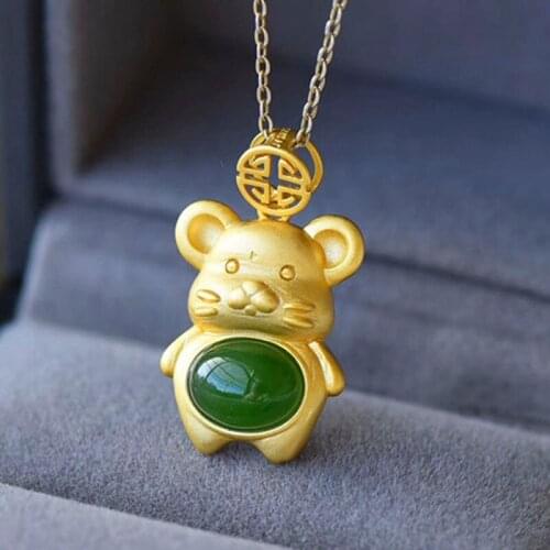 Milangirl Luxury Gold Color 3D Realistic Cute Zodiac Rat Mouse Mice Animal Natural Peridot Chalcedony Women Pendant Necklace