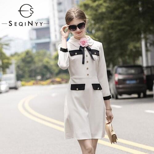 SEQINYY Mini Dress 2020 Autumn New Fashion Design Women Black Packets Pink Flowers Bow Slim Mini Dress