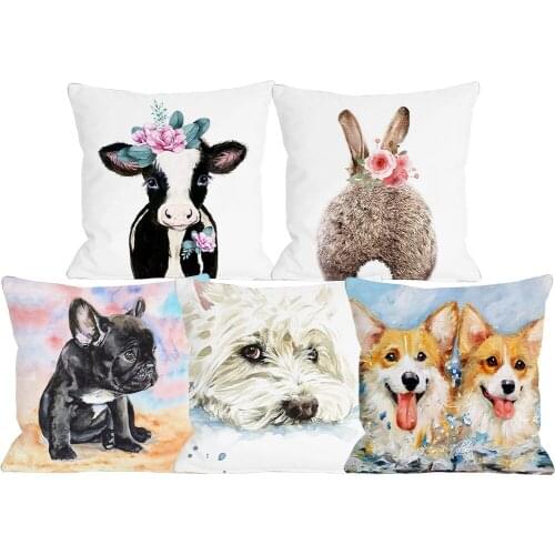 Pug Dog Cushion Cover Flower Beige Linen Polyester Throw Pillow Case 45X45cm Home Sofa Decoration