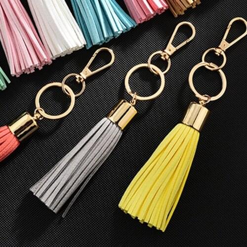 New PU Leather Key Chain Gold Color Circle Cute Solid Color Tassel Wristlet Keychain Wholesale Women Girls Jewelry Keychain