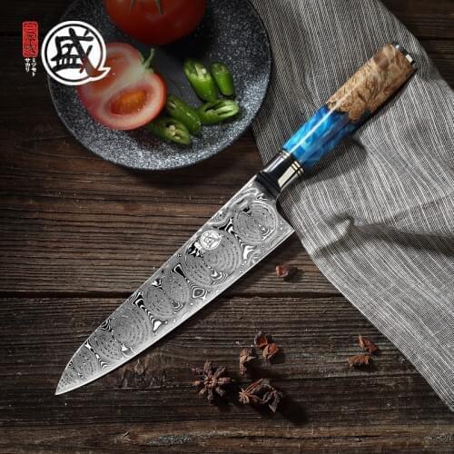 MITSUMOTO SAKARI 7.5''inch Japanese Roseate Damascus Steel handcrafted Chef Knife durable wood Handle Wooden gift BOX