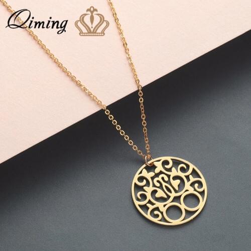 QIMING Simple Karma Retro Necklace Golden Color Hollow Flower Pendant Tibetan Round Circle Fashion Jewelry Women Necklaces Gift