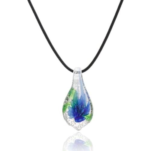 Charm Waterdrop Shape Art Murano Lampwork Glass Pendant Necklace with Blue Flowers Inside for Women Girls Summer Jewelry