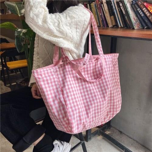 Casual Plaid Canvas Bag for Women Vintage Female Large Capacity Ladies Big Double Sided Shoulder Bag Student Travel Tote Handbag