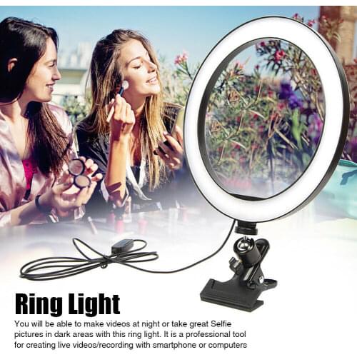Dimmable 26cm USB LED Selfie Ring Light Lamp Camera Phone Video Makeup Light with Stand Clip Clamp for Live Studio Youtube