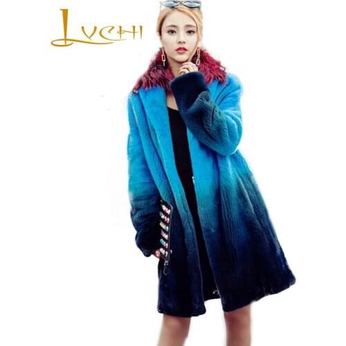 LVCHI Winter2017 Import Swan Velvet Real Mink Coats Womens Natural Fur Coat With Fox Fur Collar Long Sleeve Gradient Mink Coats