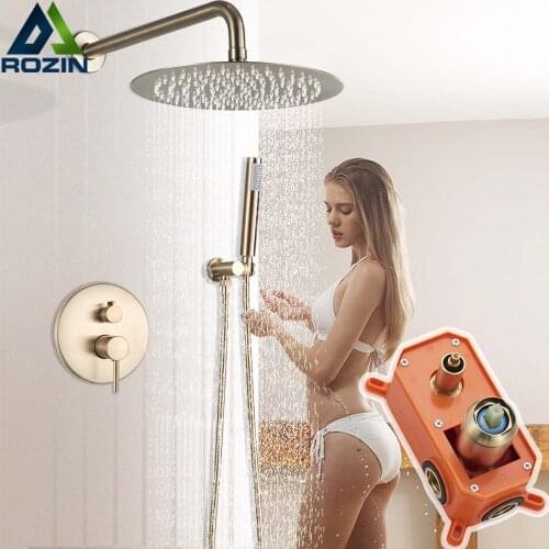 Brushed Golden Shower Faucet Set Single Handle Rainfall Shower Mixer Tap Embedded Box Shower Mixer Valve 8/10/12/16" Shower Head
