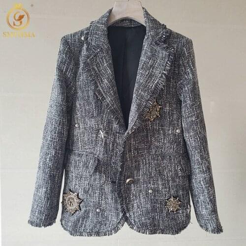 SMTHMA 2021 New Autumn Winter Female Beaded Tassel Tweed Jacket Coat Vintage Long Sleeve Grey Slim Outwear