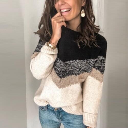 Umeko Autumn and Winter O-neck Long-sleeved Sweater Womens Stitching Warm Loose Casual Sweater New Fashion Multicolor Lady Top