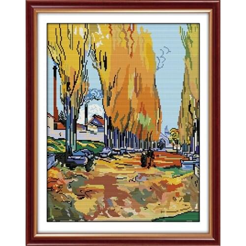 Van Gogh-Ariscamp, Arles Avenue DIY 14CT cross stitch pattern Printed Canvas DMC Counted Cross Stitch Kits Embroidery Needlework