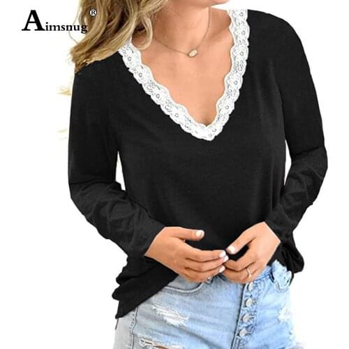 Plus Size 4xl 5xl V-neck Simple Female Tops Pacthwork Lace Tees Shirt Long Sleeve V-neck Black Gray Women T-shirt Clothing 2021
