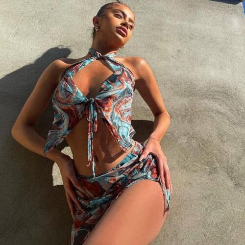 Adogirl Vintage Tie Dye Print Women 2 Piece Sets Fashion Summer Vacation Beachwear Matching Sets Sexy Crop Top + Skirt Suit