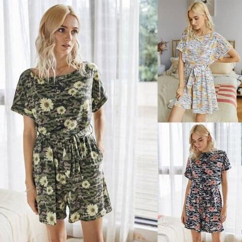 Women Daisy Floral Jumpsuit Short Sleeve Belt Shorts Rompers Casual Sports Home Clothing
