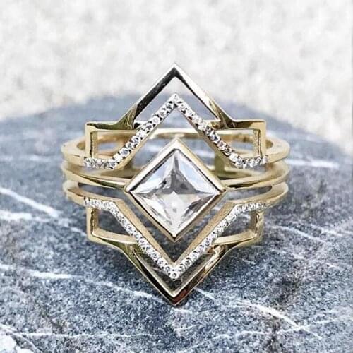 Charm Women Six-pointed star Ring Simple Hollow Gold Color Square Zirconia Ring Geometric Wedding Engagement Ring Party Jewelry